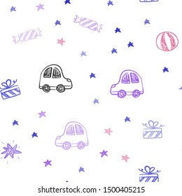 Light Blue, Red vector seamless pattern in christmas style. Abstract illustration with a toy car, baloon, candy, star, ball. Pattern for new year ads.