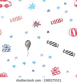 Light Blue, Red vector seamless texture in birthday style. Illustration with a colorful toy car, baloon, candy, star, ball. Pattern for carnival, festival ads.