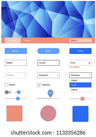 Light Blue, Red vector style guide with triangles. Web ui kit with abstract gradient triangles in its header. This template you can use for landing pages.
