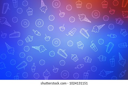 Light Blue, Red vector template with sweet snacks. Confections on blurred abstract background with colorful gradient. Pattern for ad, booklets, leaflets of restaurants.