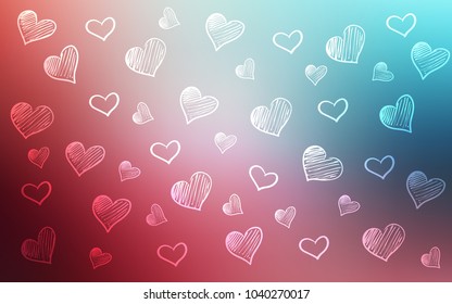 Light Blue, Red vector template with doodle hearts. Decorative shining illustration with hearts on abstract template. Pattern for carnival, festival romantic leaflets.