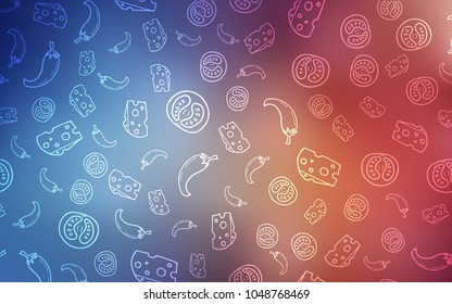 Light Blue, Red vector template with organic meal. Fast Food on blurred abstract background with colorful gradient. Pattern for ads of breakfast, lunch, dinner.
