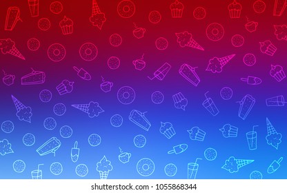 Light Blue, Red vector template with sweet snacks. Beautiful colored illustration with candies in doodle style. Design for ad, poster, banner of cafes or restaurants.