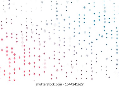 Light Blue, Red vector template with poker symbols. Shining illustration with hearts, spades, clubs, diamonds. Template for business cards of casinos.