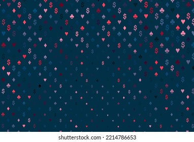 Light blue, red vector template with poker symbols. Colored illustration with hearts, spades, clubs, diamonds. Design for ad, poster, banner of gambling websites.