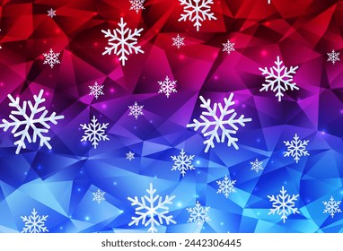 Azul claro, plantilla de vector rojo con copos de nieve de hielo, estrellas. Ilustración abstracta brillante con formas de hielo de cristal degradado. Diseño para el anuncio de Año Nuevo, folletos.