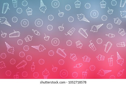 Light Blue, Red vector texture with sweets, candies. Glitter abstract sketch with sweets, candies, desserts. Template of children's food in cafe.