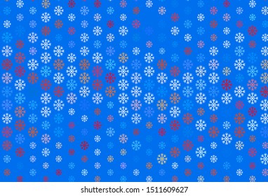 Light Blue, Red vector texture with colored snowflakes. Shining colorful illustration with snow on abstract template. New year design for poster, banner.