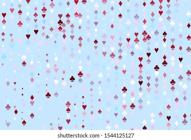 Light Blue, Red vector texture with playing cards. Colorful gradient with signs of hearts, spades, clubs, diamonds. Pattern for ads of parties, events in Vegas.