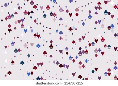 Light Blue, Red vector texture with playing cards. Colorful gradient with signs of hearts, spades, clubs, diamonds. Smart design for your business advert of casinos.