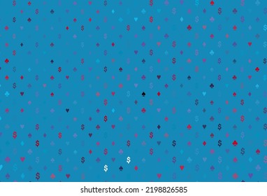 Light blue, red vector texture with playing cards. Shining illustration with hearts, spades, clubs, diamonds. Pattern for ads of parties, events in Vegas.