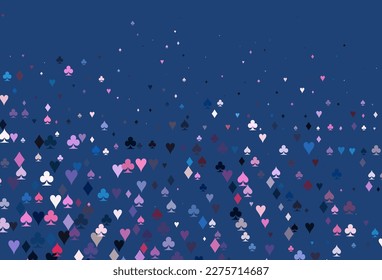 Light Blue, Red vector texture with playing cards. Shining illustration with hearts, spades, clubs, diamonds. Design for ad, poster, banner of gambling websites.