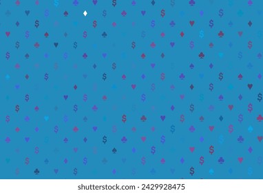 Light blue, red vector texture with playing cards. Blurred decorative design of hearts, spades, clubs, diamonds. Pattern for booklets, leaflets of gambling houses.