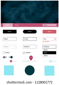 Light Blue, Red vector ui kit with clouds & stars. Modern Style guide with colorful gradient sky in its header. This template you can use for websites.