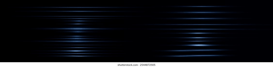 Light blue reflection lines, neon lighting in blue colors. Bright light lens. Police light effects, line. Shiny stars, sparks on a black background. Vector blue light effect