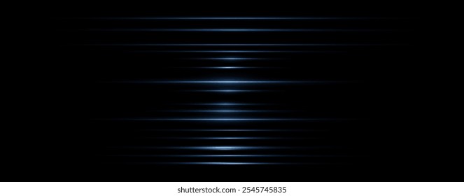 Light blue reflection lines, neon lighting in blue colors. Bright light lens. Police light effects, line. Shiny stars, sparks on a black background. Vector blue light effect