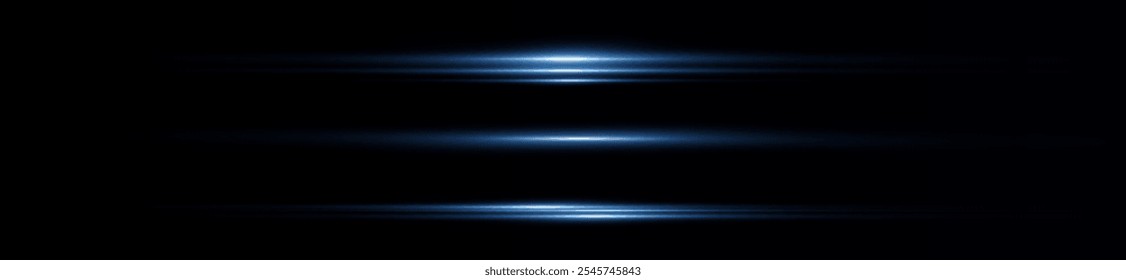 Light blue reflection lines, neon lighting in blue colors. Bright light lens. Police light effects, line. Shiny stars, sparks on a black background. Vector blue light effect