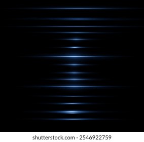 Light blue reflection lines, neon lighting in blue colors. Bright light lens. Police light effects, line. Shiny stars, sparks on a black background. Vector blue light effect
