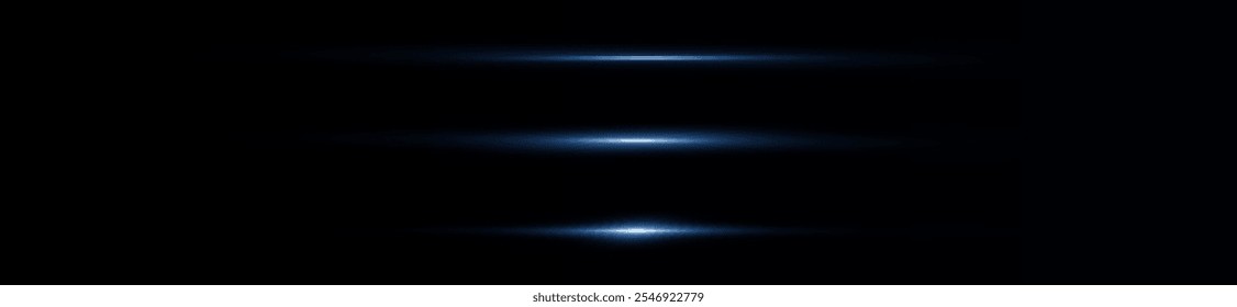 Light blue reflection lines, neon lighting in blue colors. Bright light lens. Police light effects, line. Shiny stars, sparks on a black background. Vector blue light effect