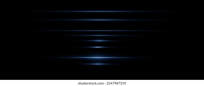 Light blue reflection lines, neon lighting in blue colors. Bright light lens. Police light effects, line. Shiny stars, sparks on a black background. Vector blue light effect