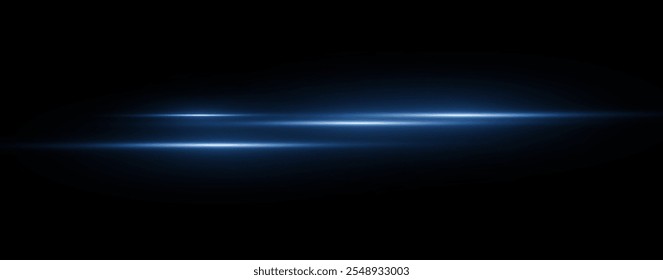 Light blue reflection lines, neon lighting in blue colors. Bright light lens. Police light effects, line. Shiny stars, sparks on a black background. Vector blue light effect