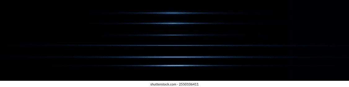 Líneas de reflexión azul claro, iluminación de neón en colores azules. Lente de luz brillante. Efectos de luz de la policía, línea. Estrellas brillantes, chispas sobre un fondo negro. Efecto de luz azul Vector