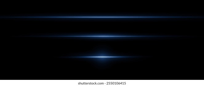 Light blue reflection lines, neon lighting in blue colors. Bright light lens. Police light effects, line. Shiny stars, sparks on a black background. Vector blue light effect
