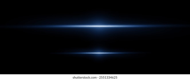 Linhas de reflexão azul claro, luzes de néon em cores azuis. Lente clara brilhante. Efeitos de luz policial, linha. Estrelas brilhantes, faíscas em um fundo preto. Efeito de luz azul vetorial