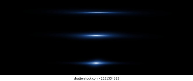 Líneas de reflexión azul claro, iluminación de neón en colores azules. Lente de luz brillante. Efectos de luz de la policía, línea. Estrellas brillantes, chispas sobre un fondo negro. Efecto de luz azul Vector