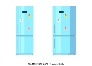 Light Blue Refrigerator With Magnet Notes Front And Side View. Vector Fridge Illustration Isolated On White Background