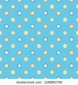 Light blue repeat pattern with colourful polka dots. Surface pattern design.