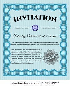 Light blue Retro invitation. Artistry design. Customizable, Easy to edit and change colors. With guilloche pattern. 