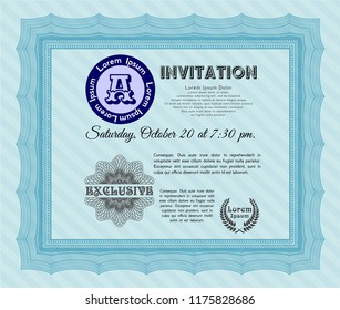 Light blue Retro invitation. Beauty design. With great quality guilloche pattern. Customizable, Easy to edit and change colors. 