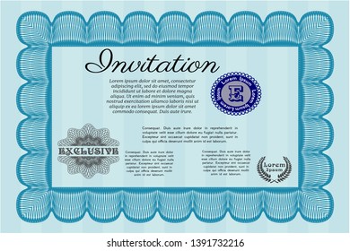 Light blue Retro invitation. With complex linear background. Detailed. Lovely design. 