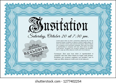 Light blue Retro invitation. Customizable, Easy to edit and change colors. With great quality guilloche pattern. Excellent design. 