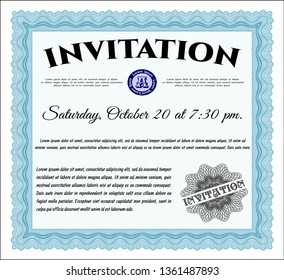 Light blue Retro invitation. Detailed. With guilloche pattern and background. Lovely design. 