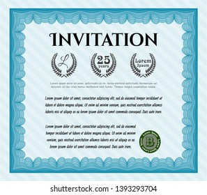 Light blue Retro invitation. Detailed. With guilloche pattern and background. Sophisticated design. 