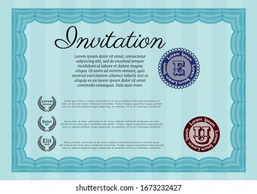 Light blue Retro invitation. Detailed. With guilloche pattern. Lovely design. 