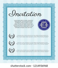 Light blue Retro invitation. Elegant design. With great quality guilloche pattern. Vector illustration. 