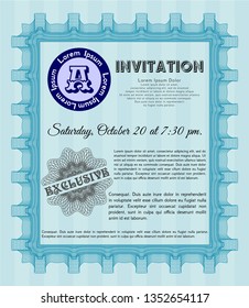 Light blue Retro invitation. Elegant design. Vector illustration. With guilloche pattern and background. 