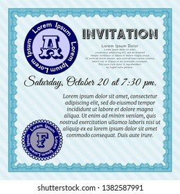 Light blue Retro invitation. Elegant design. Detailed. With guilloche pattern and background. 