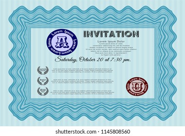 Light blue Retro invitation. Excellent design. Customizable, Easy to edit and change colors. With linear background. 