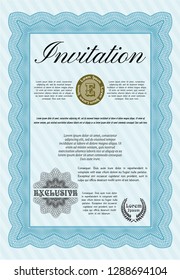 Light blue Retro invitation. Excellent design. Vector illustration. With guilloche pattern. 