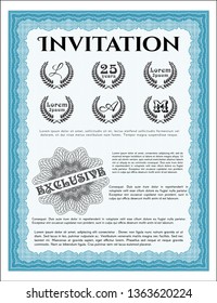 Light blue Retro invitation. Excellent design. Detailed. With guilloche pattern. 