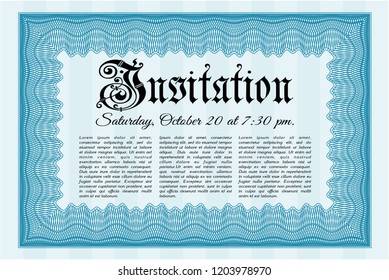 Light blue Retro invitation. With great quality guilloche pattern. Money Pattern. Detailed. 