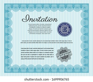 Light blue Retro invitation. With great quality guilloche pattern. Vector illustration. Retro design. 