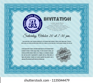 Light blue Retro invitation. With guilloche pattern and background. Cordial design. Customizable, Easy to edit and change colors. 