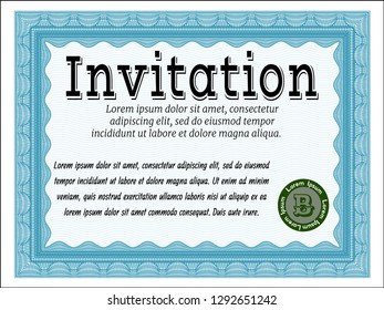 Light blue Retro invitation. With guilloche pattern and background. Money style design. Customizable, Easy to edit and change colors. 