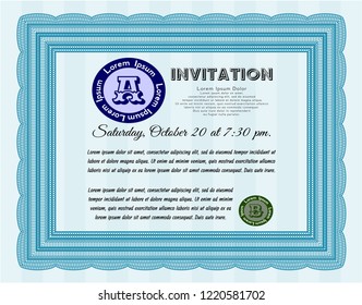 Light blue Retro invitation. Lovely design. With guilloche pattern and background. Detailed. 