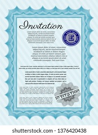 Light blue Retro invitation. Modern design. With great quality guilloche pattern. Vector illustration. 